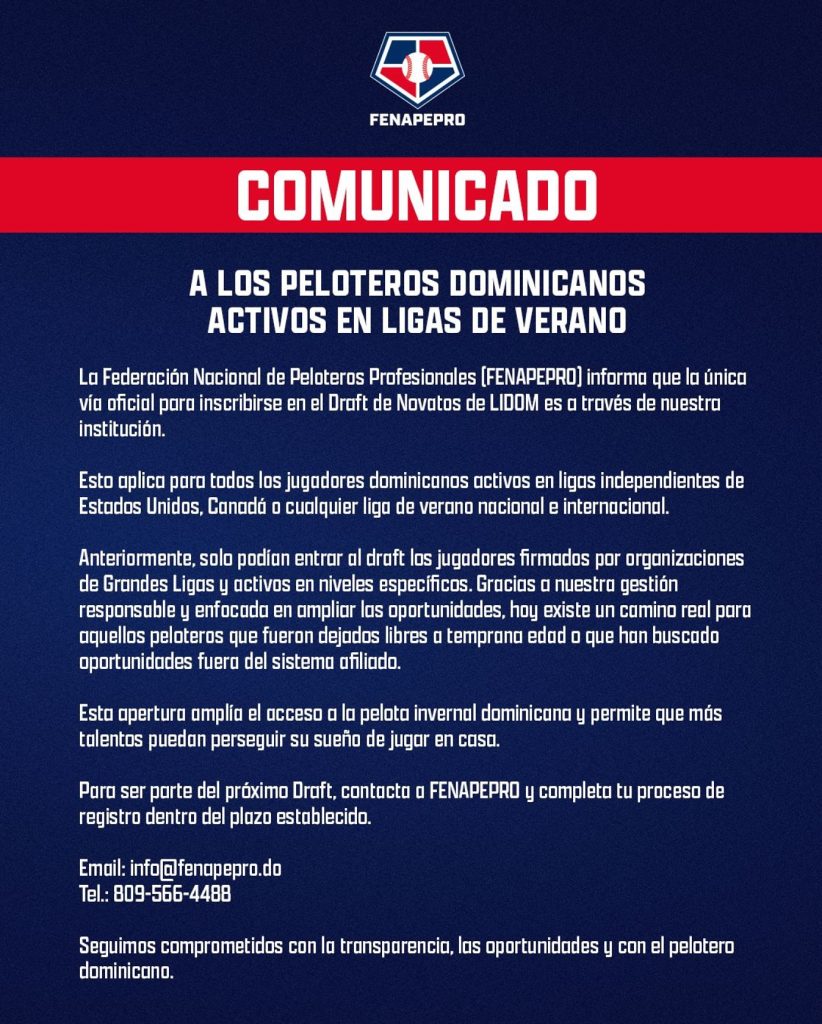 COMUNICADO FENAPEPRO anuncia vía oficial de inscripción al Draft de LIDOM
