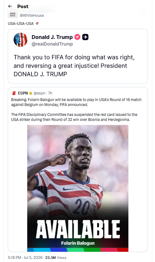 El agradecimiento de Trump a la FIFA