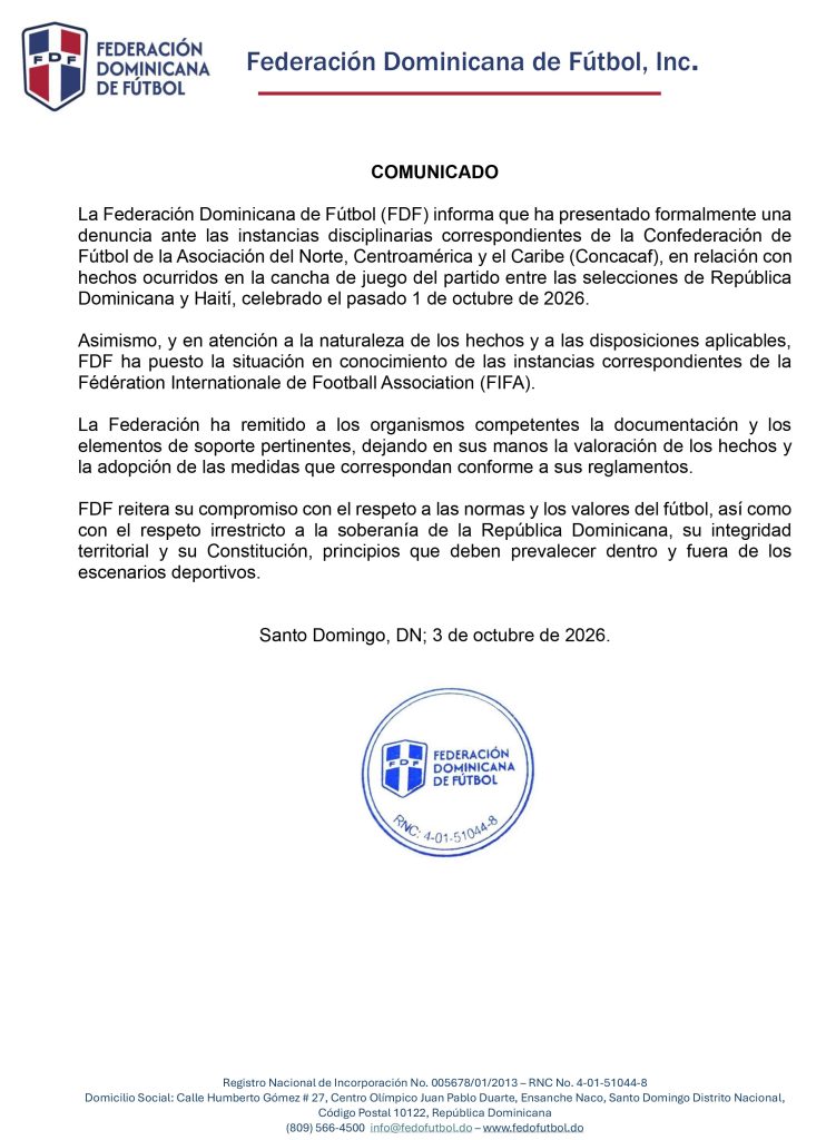 La Federación Dominicana de Fútbol denuncia ante Concacaf incidentes en partido frente a Haití